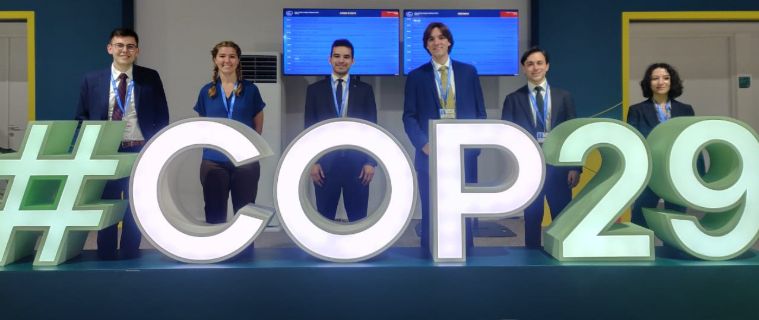 University of Miami Students at Week 2 of COP 29 (L-R): Justin Alexander, Danielle Bejar, John Dennis, Kyle Spohn, Quinten Smith, & Kyra Frank
