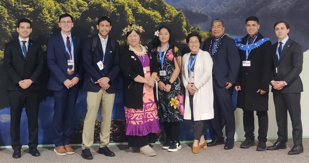 UM Students with the Micronesian Delegation (L-R): John Dennis, Justin Alexander, Joshua Pangelinan, Lucille Apis-Overhoff, Tara Shaniah Arnold, Valerie Fajardo, H.E. Amb. Jeem Lippwe, Mahoney Mori, & Quinten Smith 